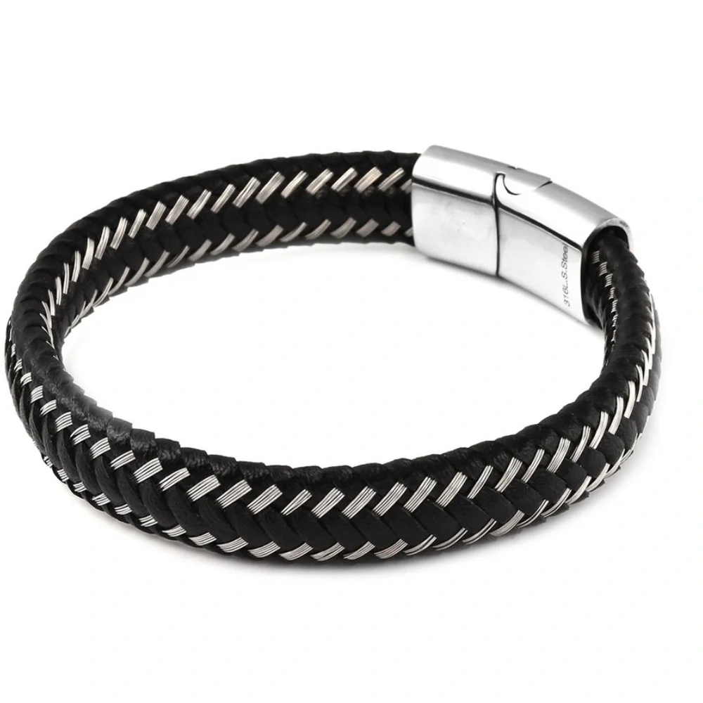 Genuine Leather and Stainless Steel Bracelet